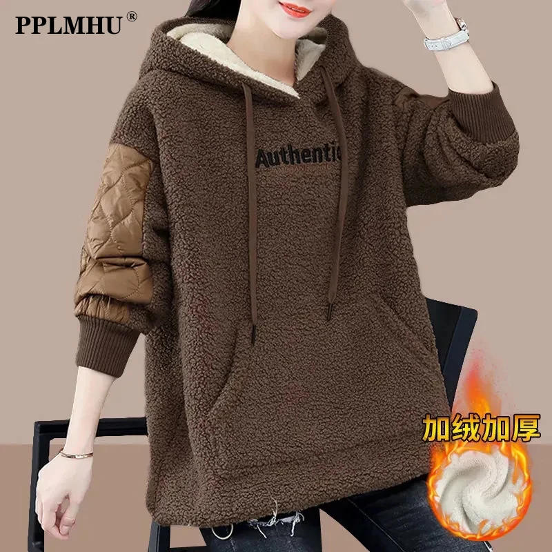 

Autumn Winter Warm Lambswool Hooded Sweatshirt Women Streetwear Loose Thick Fleece Hoodies Casual Long Sleeve Pullover Coat Tops