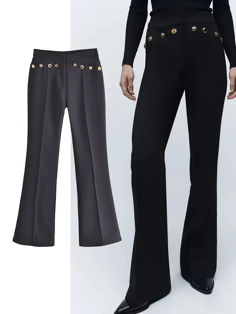 

TRAF Women Flared Pants Fashion High Waist Pants Vintage Color Slim Side Zipper Female Trousers Street Flare Pants