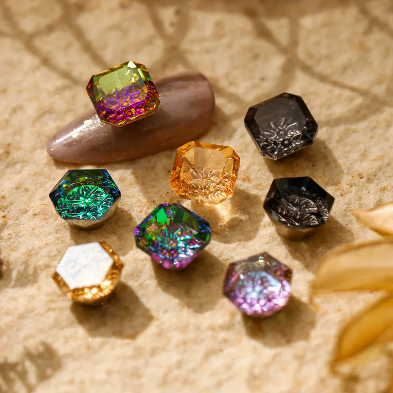 

20pcs 8*8*high5.5mm aurora relief drill glass wine statue of tetragonal 3D polyhedral iridescence AB transparent crystal mocha