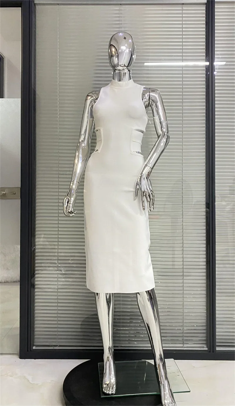 Сексуальное белое платье без рукавов с открытой талией модное простое вечернее