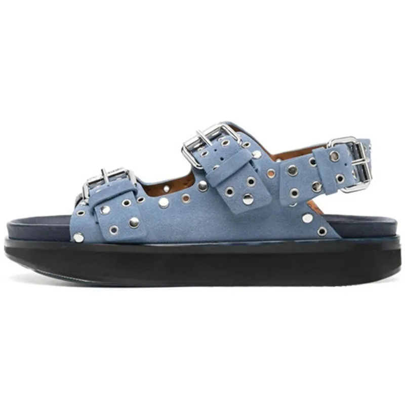 Women's Fashion Metal Buckle Platform Sandals Lolita Style Round Toe Thick Bottom Women Shoes Rivet Genuine Leather Open Toe