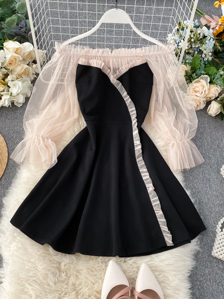 

Spring Autumn 2020 New Popular Dress Temperament Word Shoulder Mesh Puff Sleeve Patchwork Short Dress Women A-line Dress ML728