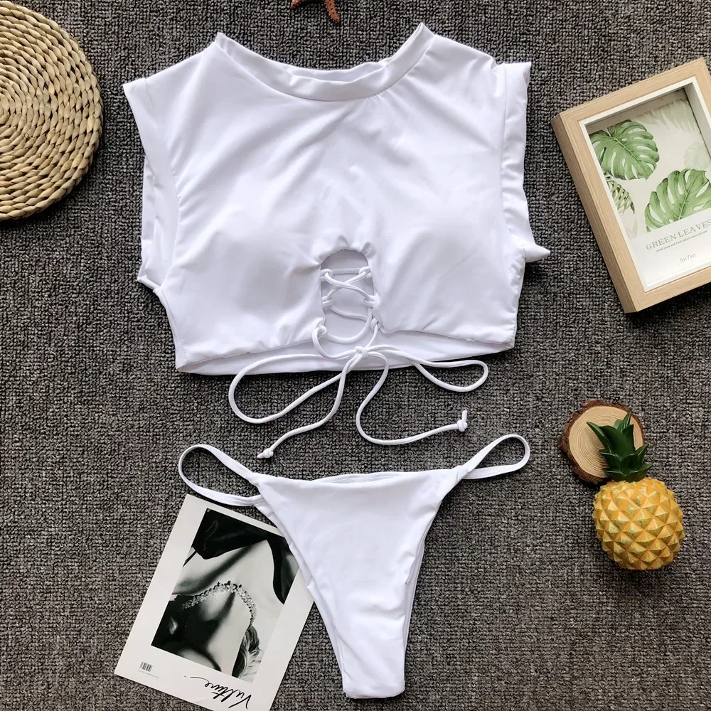 Сексуальный купальник из двух предметов женский с белыми полыми перекрестными