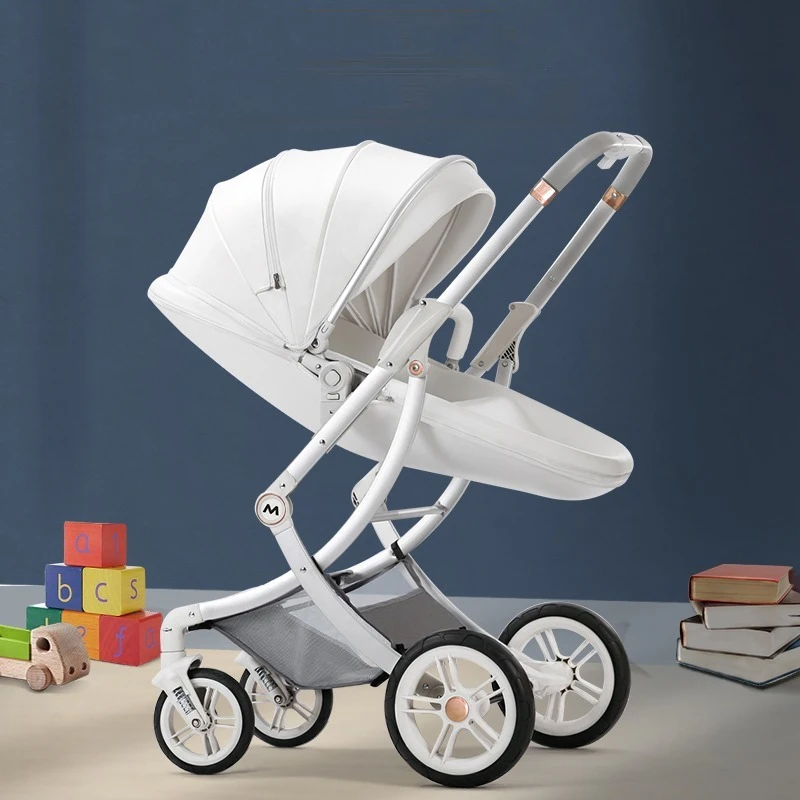 New Luxury Baby Stroller Can Sit and Lie Two-way Folding Stroller Newborn Baby Stroller White Eggshell PU Leather Baby Cariage