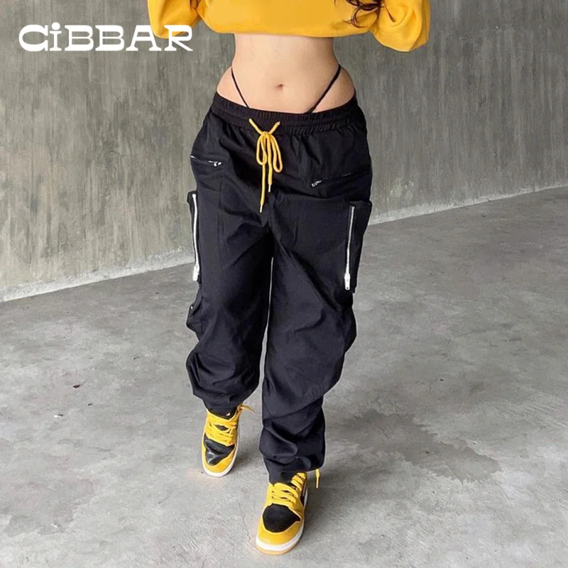 

CIBBAR Sportywear Casual Loose Pants Streetwear Zipper Patchwork Drawstring Sweatpants Woman Low Waisted Long Trousers Fashion