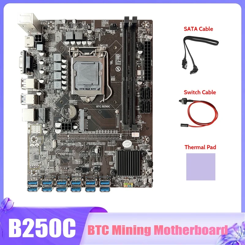 

B250C BTC Mining Motherboard+SATA Cable+Switch Cable+Thermal Pad 12X PCIE To USB3.0 GPU Slot LGA1151 Miner Motherboard