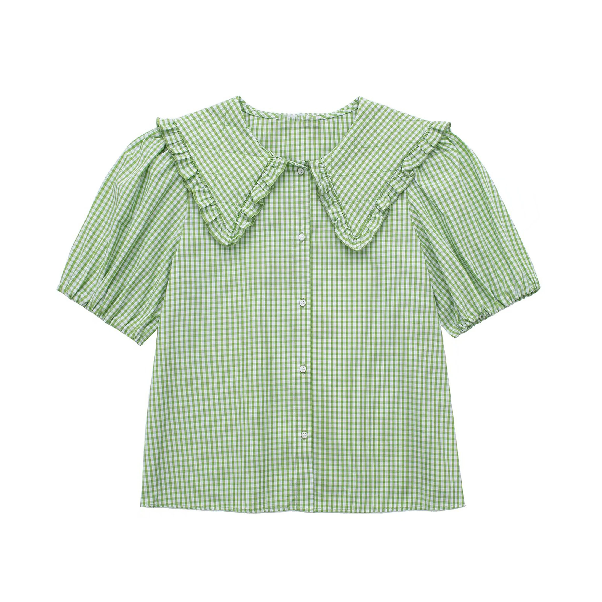 

The French style restoring ancient ways baby lattice hubble-bubble sleeve shirt frock
