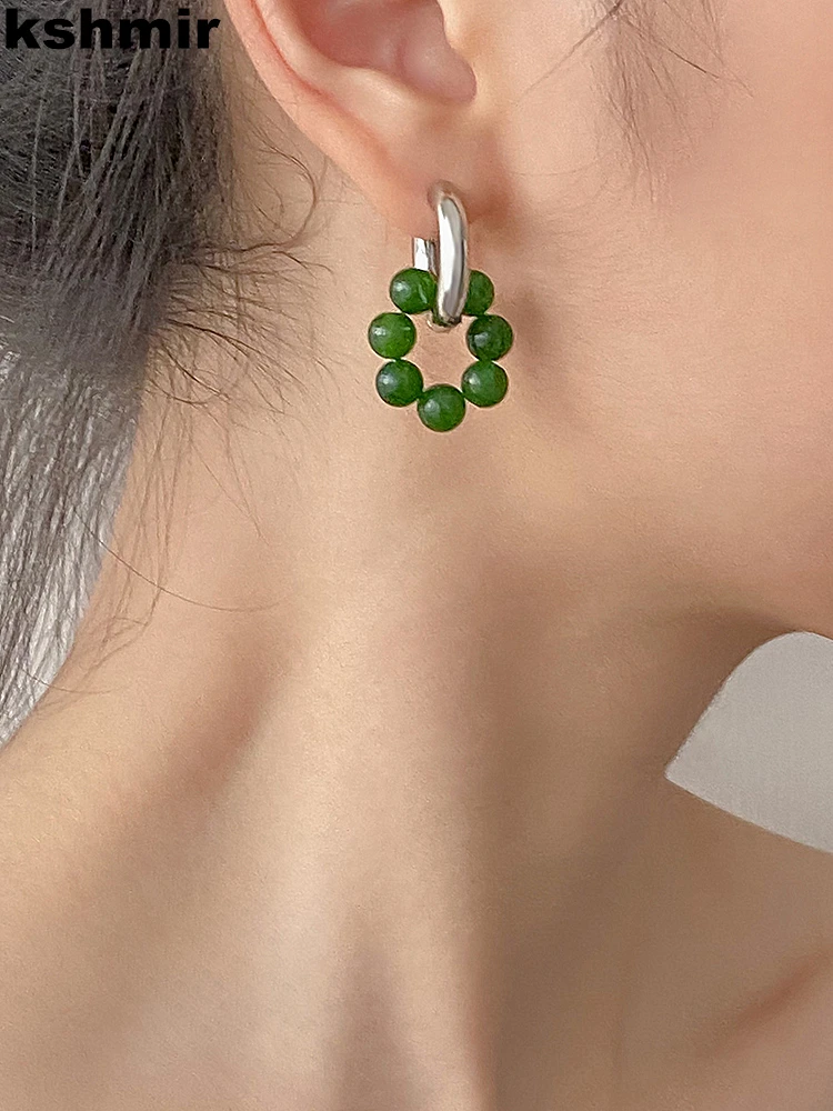 

Retro emerald natural stone beaded earring simple temperament female earrings non-fading stainless steel earrings accessories