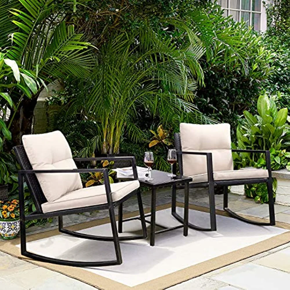 

Greesum 3 Pieces Rocking Wicker Bistro Set, Patio Outdoor Furniture Conversation Sets with Porch Chairs and Glass Coffee Table
