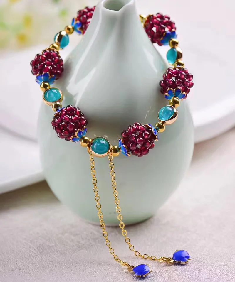 Natural Garnet Bracelet Chinese Style Multi Circle Alloy Bracelet Ladies Jewelry Fashion Women Accessories