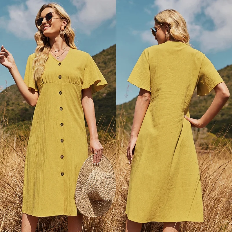 

Women's Fresh And Casual Lotus Leaf Sleeve Single-Breasted Dress Yellow