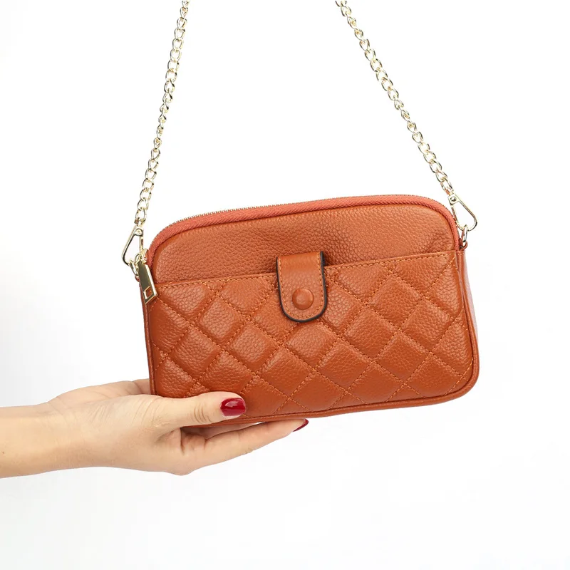 

Diamond Lattice First Layer Cow Leather Lady Crossbody Handbag Versatile Women Fine Hardware Chain Single Shoulder Travel Bag