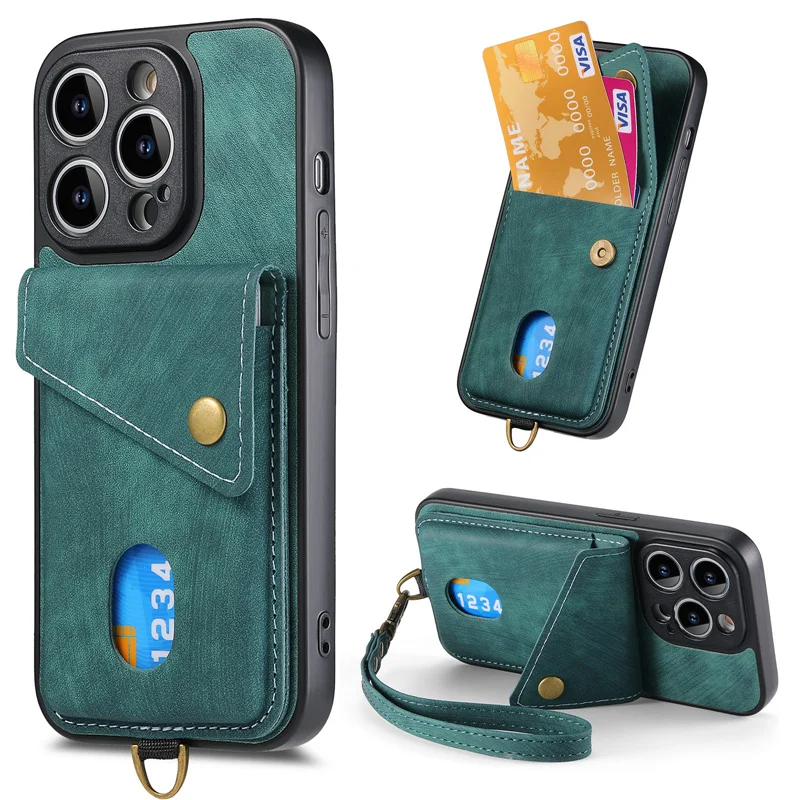 With Cardholder Card Holder Phone Case For IPhone 14 13 12 Mini 11 Pro Max XR XS 7 8 6ps Plus Se3 2020 Wallet Cases With Lanyard