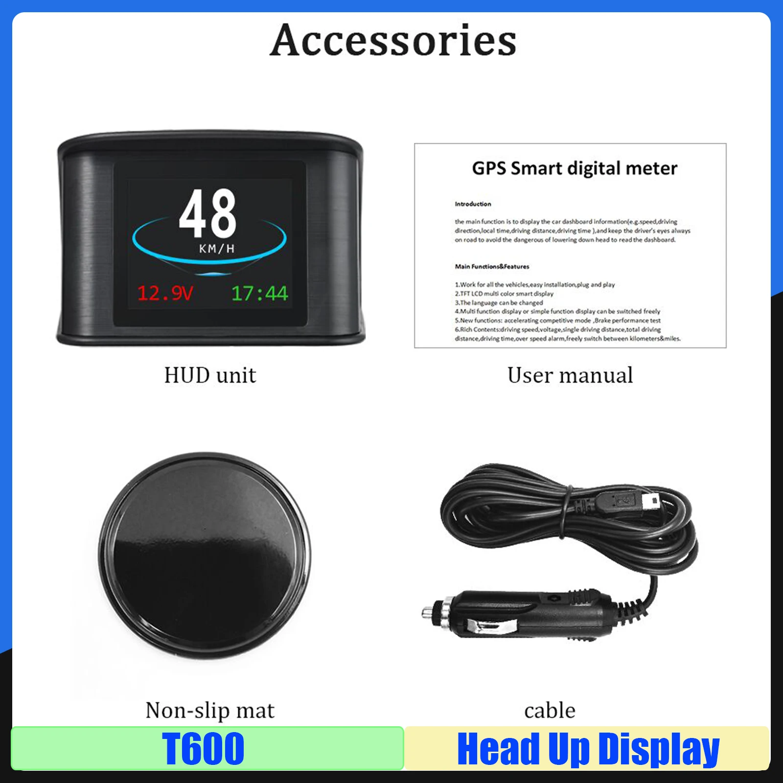 

T600 HUD GPS-система Проекционный дисплей Спидометр Одометр Напряжение Часы Время Скорость Высота с сигнализацией превышения скорости для автомобиля на заказ