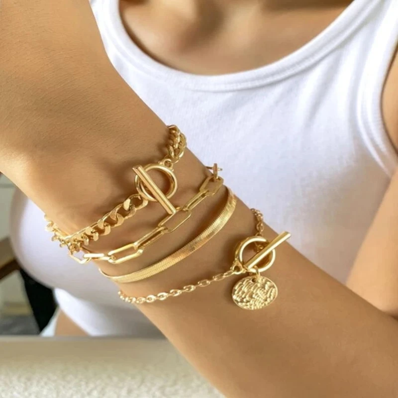 

Europe and The United States Women's Bracelets 4 Sets of Bracelets Wholesale Multi-layer Metal Chain OT Buckle Bracelet