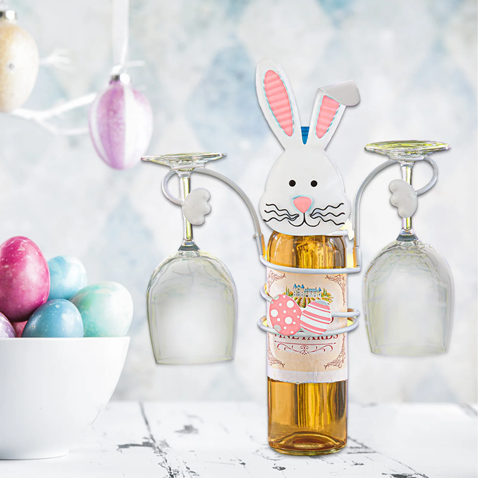 

Bunny Wine Bottle & Glass Holder Cartoon Cute Rabbit Goblet Stand Durable Stylish Metal Glass Rack Storage Hanger Easter Table