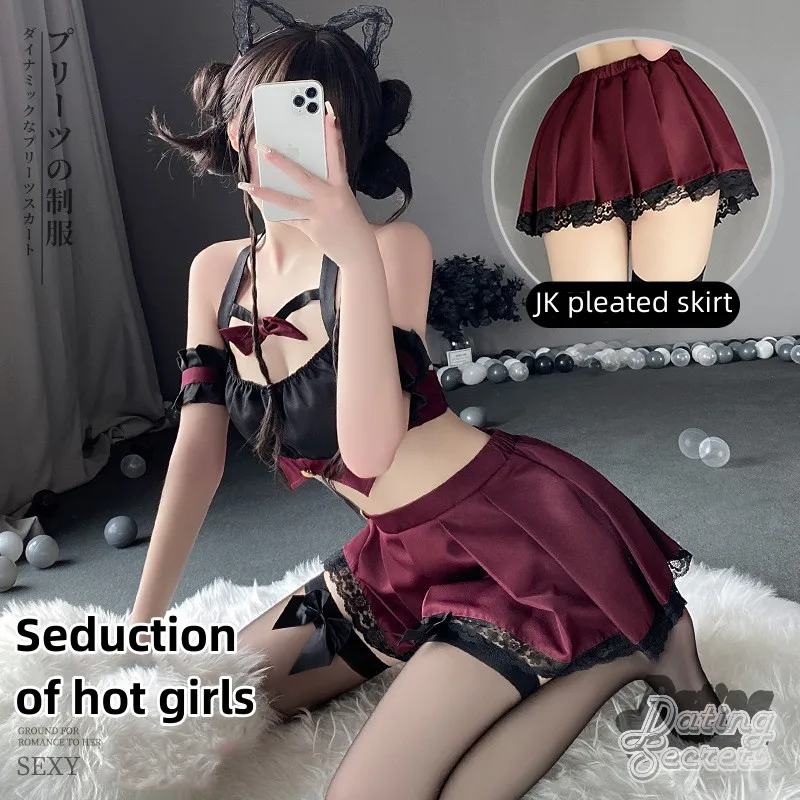 

Черное Красное Нижнее белье, пикантная кружевная плиссированная юбка с вырезом и бантом JK для студентов, комплект униформы, костюмы для косплея, школьниц