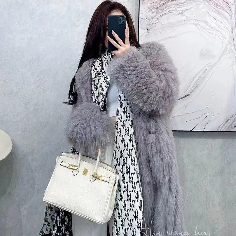 2022 Autumn And Winter New Fashion Temperament Outer Loose V-neck Knitted Mid-length Faux Fur Coat Women
