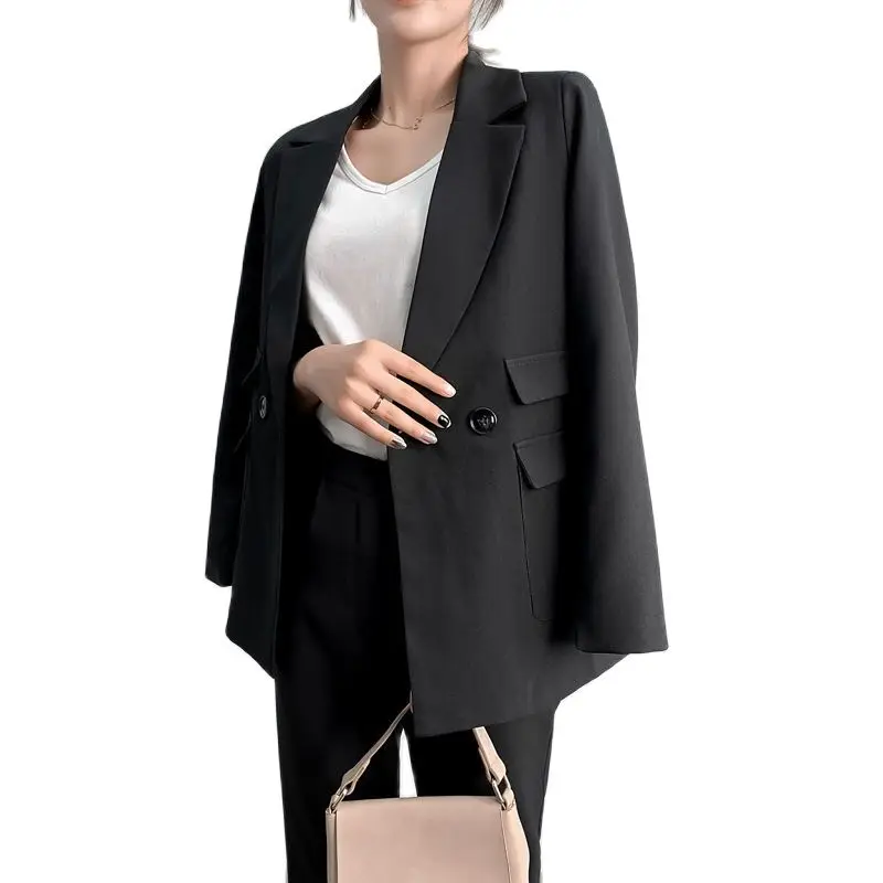 

Женские костюмы, Новинка осени 2022, Женский темпераментный двубортный розовый костюм большого размера, куртка, повседневный комплект из двух предметов