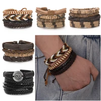 vintage mens jewelry set wooden bead coconut shell bead chain braided bracelet leather combination bracelet