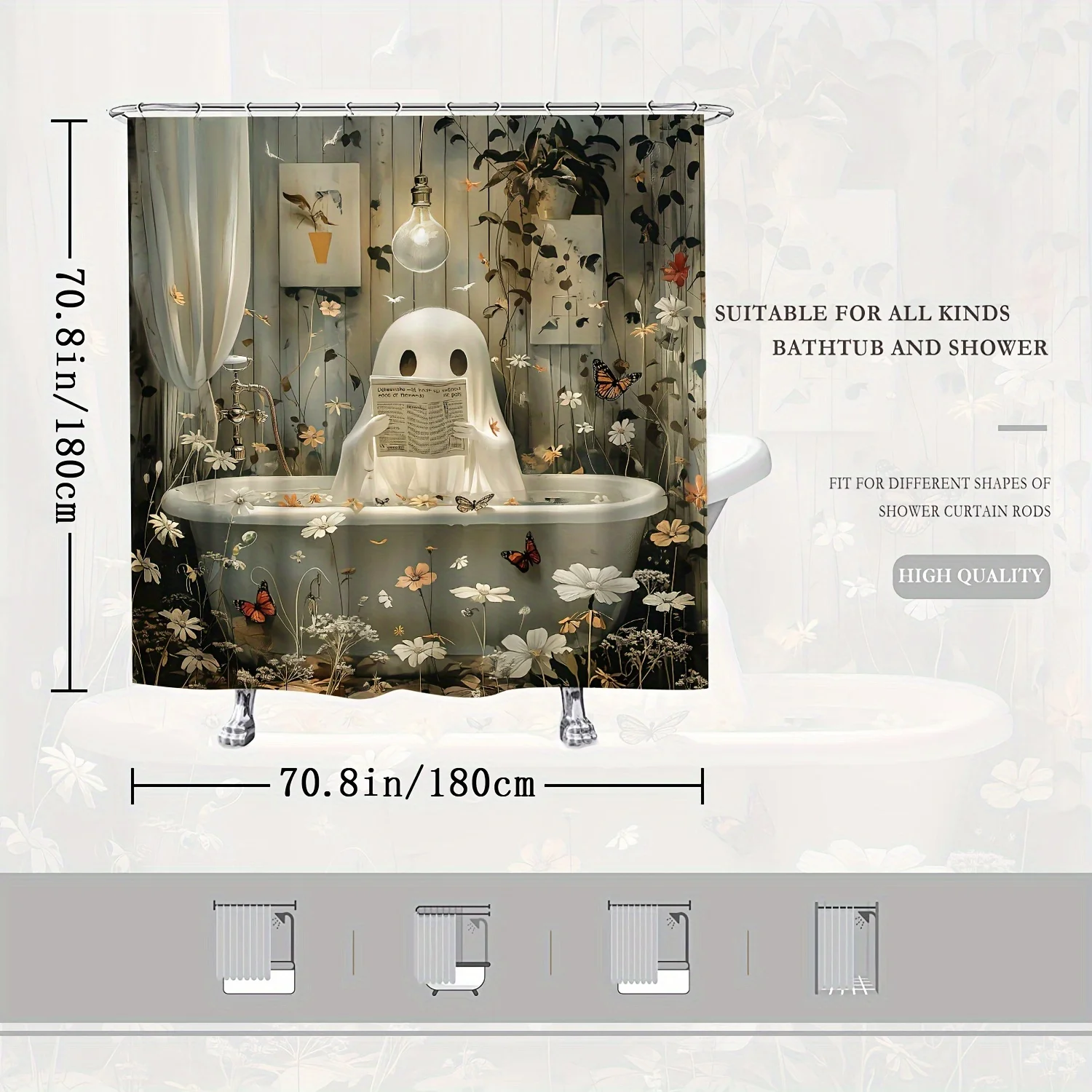 Занавеска для душа на Хэллоуин с милым призраком графикой в виде газеты цветка и