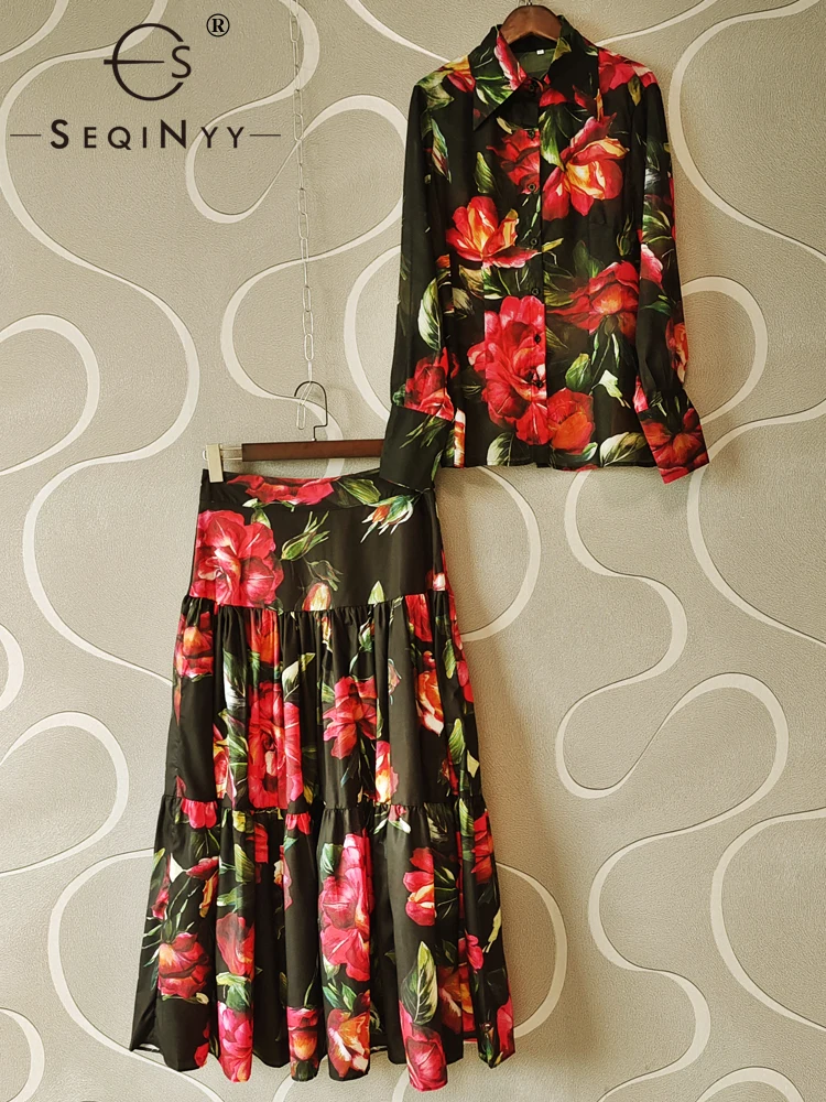 

SEQINYY Sicily Suit Summer Spring New Fashion Design Women Runway Shirt + A-Line Skirt Vintage Pink Flowers Print Casual