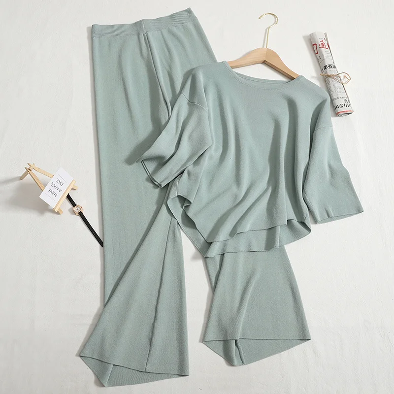 

Женский костюм из двух предметов, элегантный свободный Короткий трикотажный топ с асимметричным подолом и брюки с широкими штанинами и высокой талией, лето 2022