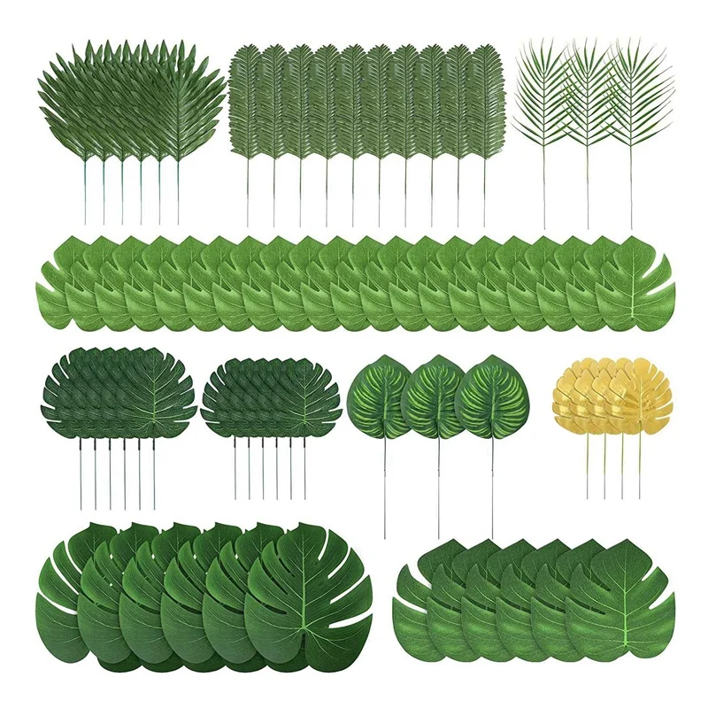 

BMDT-70 Pcs 10 Kinds Artificial Palm Leaves Jungle Leaves Decoration Golden Tropical Leaves With Stems For Parties Decoration