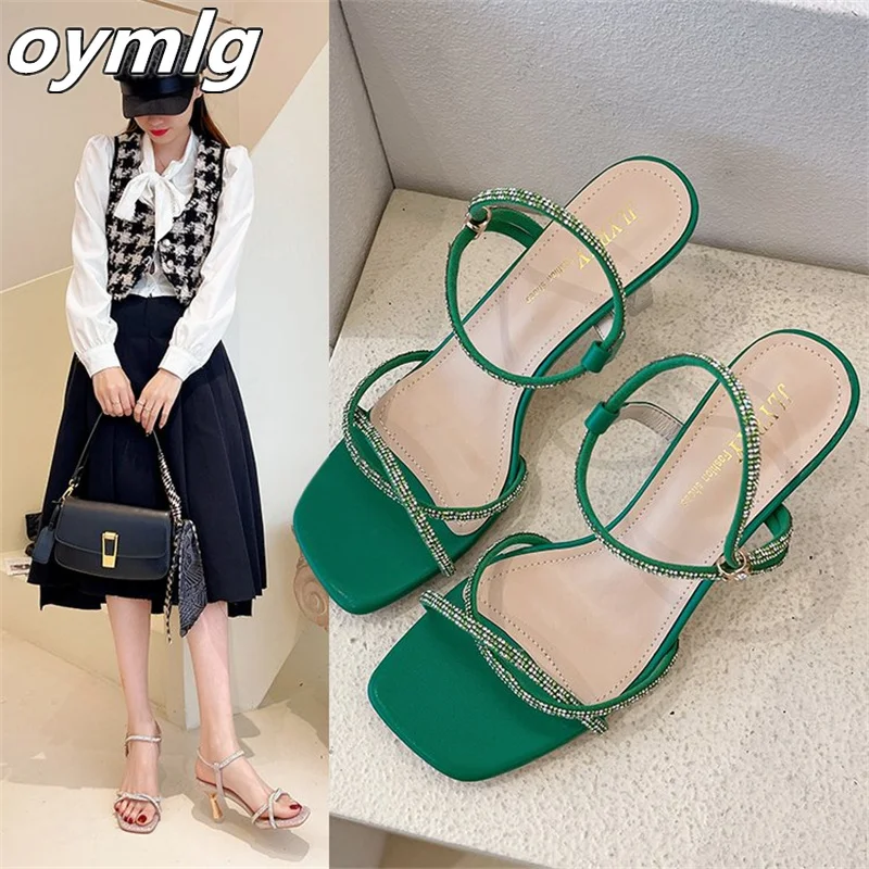 

Square head rhinestone sandals female 2022 summer new net red fairy style fashion two wear high heel sandals trend