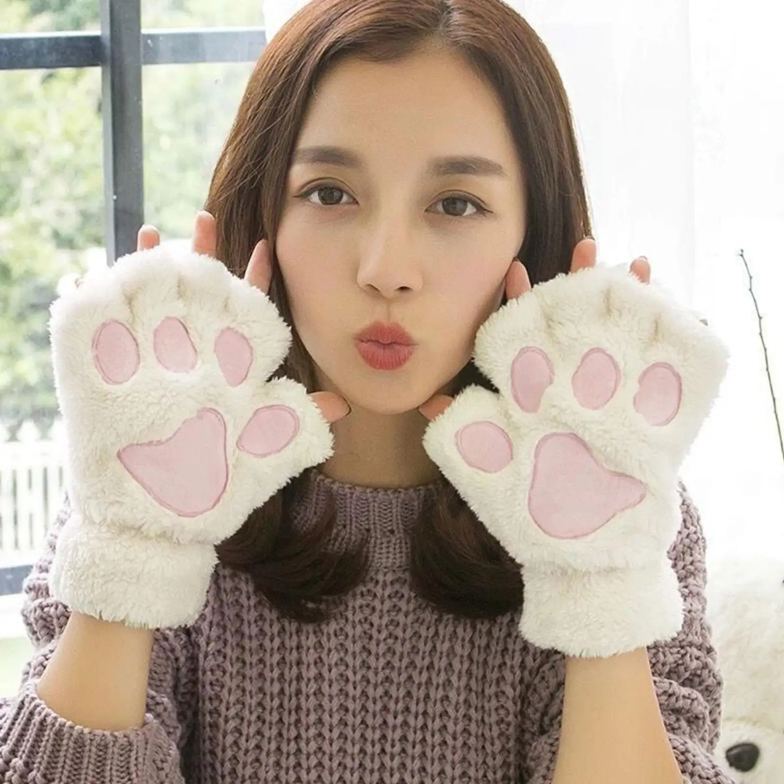 

Cute Cat Paw Fluffy Claw Fingerless Gloves Warm Soft Fingerless Wear Women Winter Panda Gifts Half Glove Plush Finger Chris R4F9