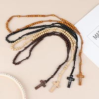 1pc christ jesus wooden beads rosary bead cross pendant catholic cross necklace religious orthodox praying jewelry