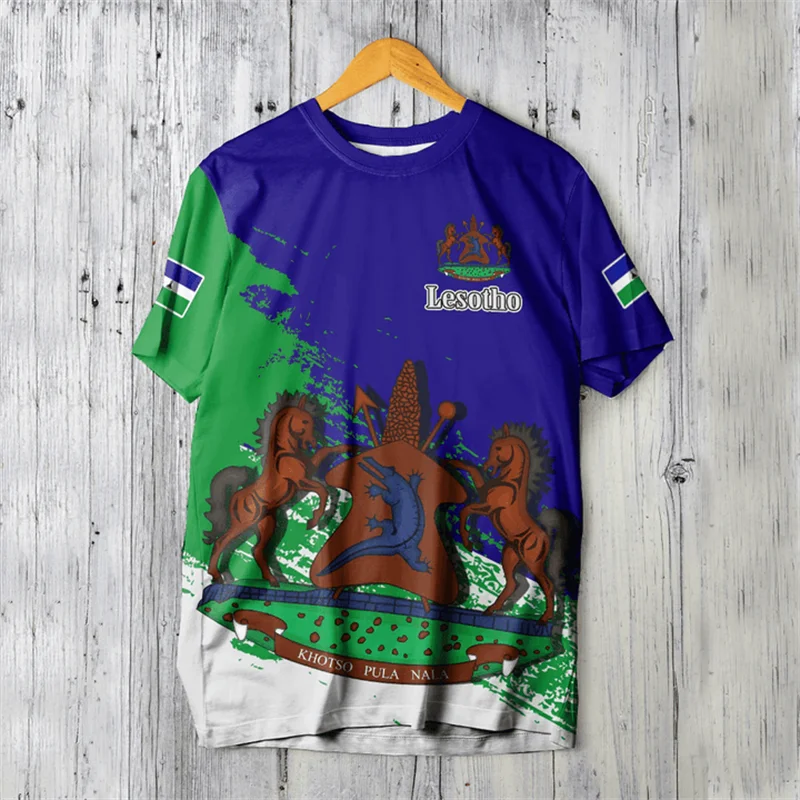 Фото Футболка с 3D-принтом The RepublicOf Lesotho Map Flag Lesotho Герб Графические футболки с короткими рукавами Винтажная мужская одежда Топ №3