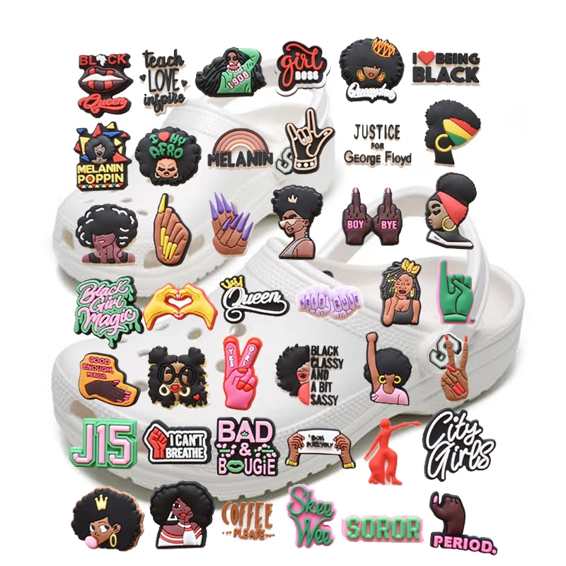 42-pack Black Girl Magic Theme Pins Croc Charms Queen Silicone Wristband Ornament Women PVC Garden Shoes Accessories Party Gifts