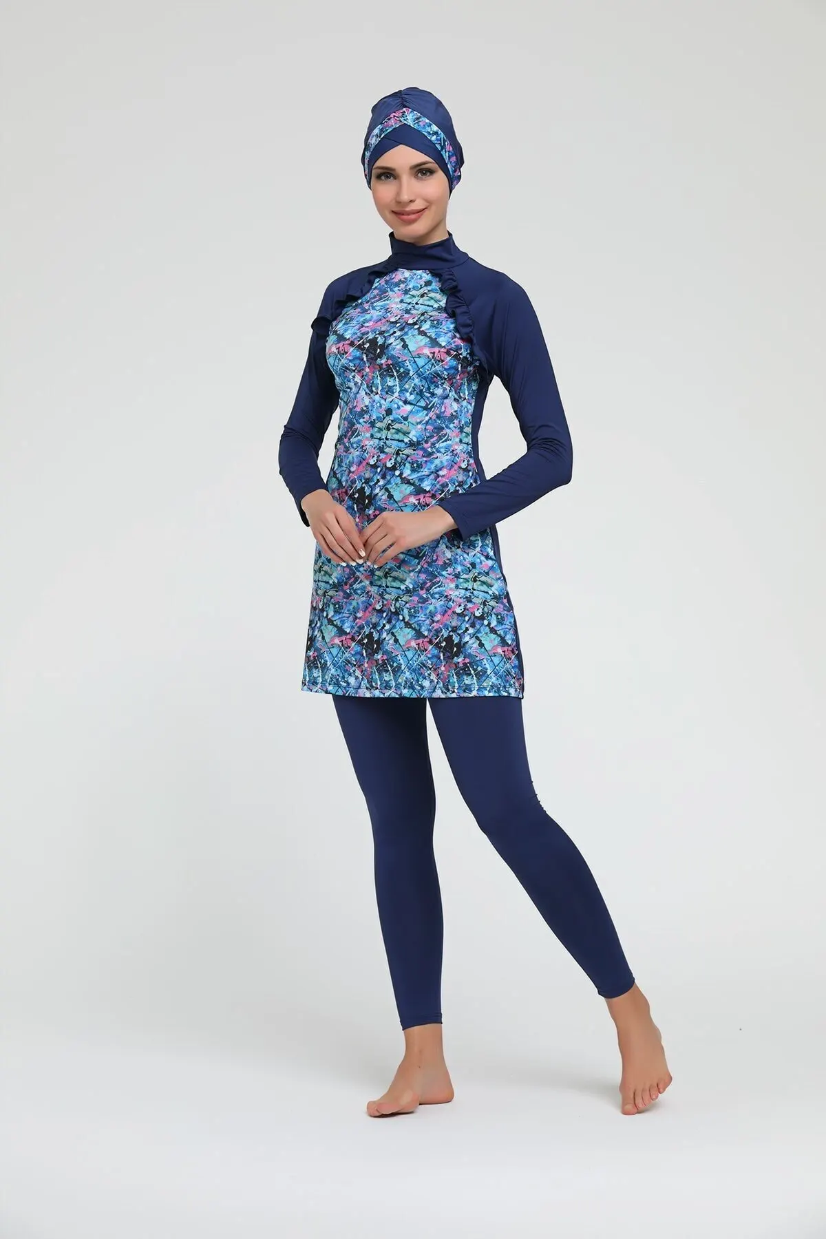 

Muslim Burkinis Lycra Digital Patterned Long Sleeve Fully Covered Swimwear Modest Summer Clothing Hijab Sport Swimsuit