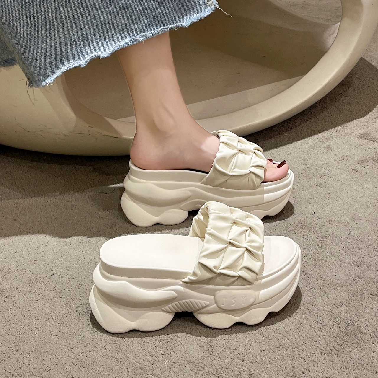 LazySea 8cm High Wedge Heels Slides Women Sandals Pleated Upper Solid Color Women Platform Slippers Outside Ladies Shoe