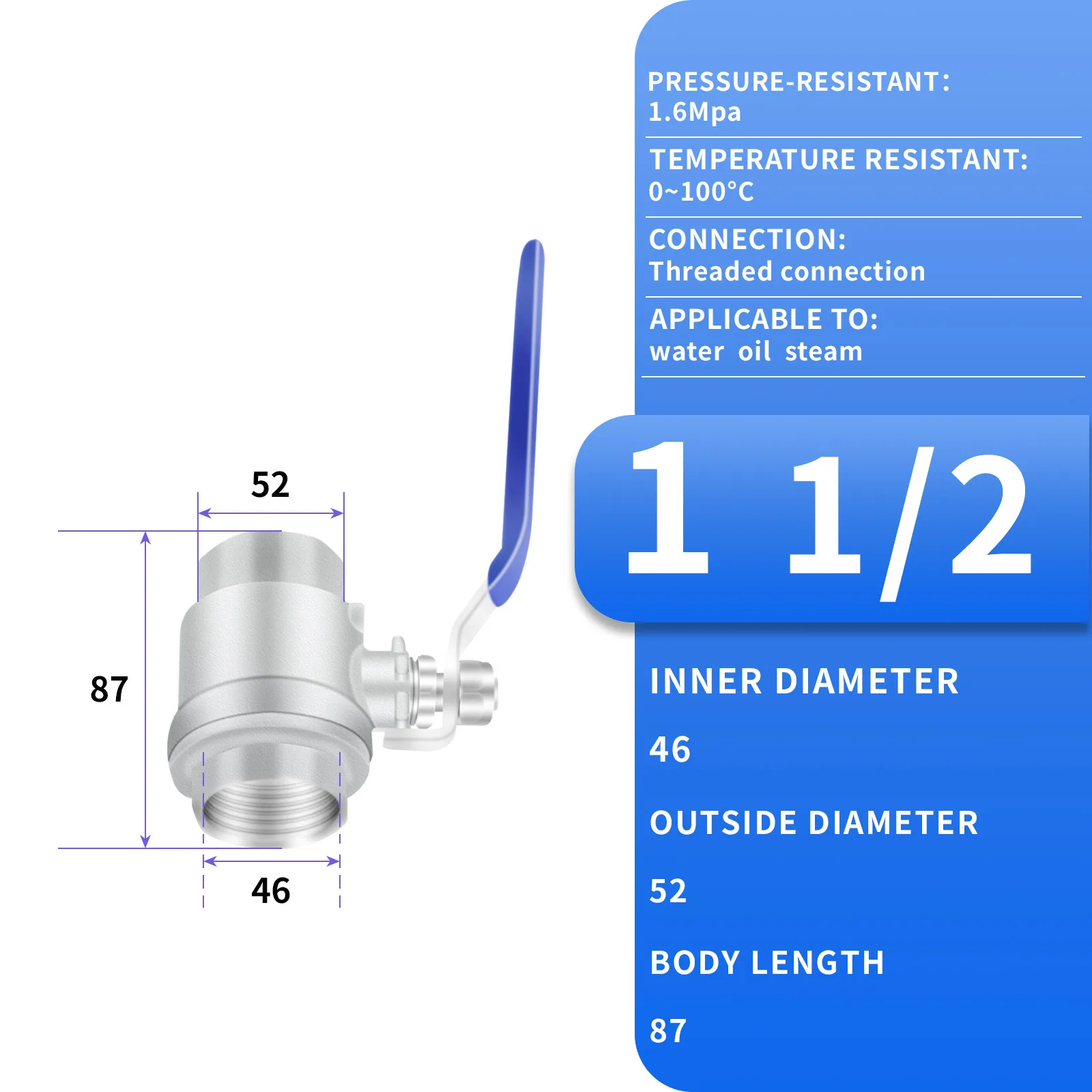 Шаровой кран с внутренней резьбой из нержавеющей стали 304 1-1/2 дюйма (1 шт.) Шаровой кран из 2 частей, клапаны с открытым закрытием