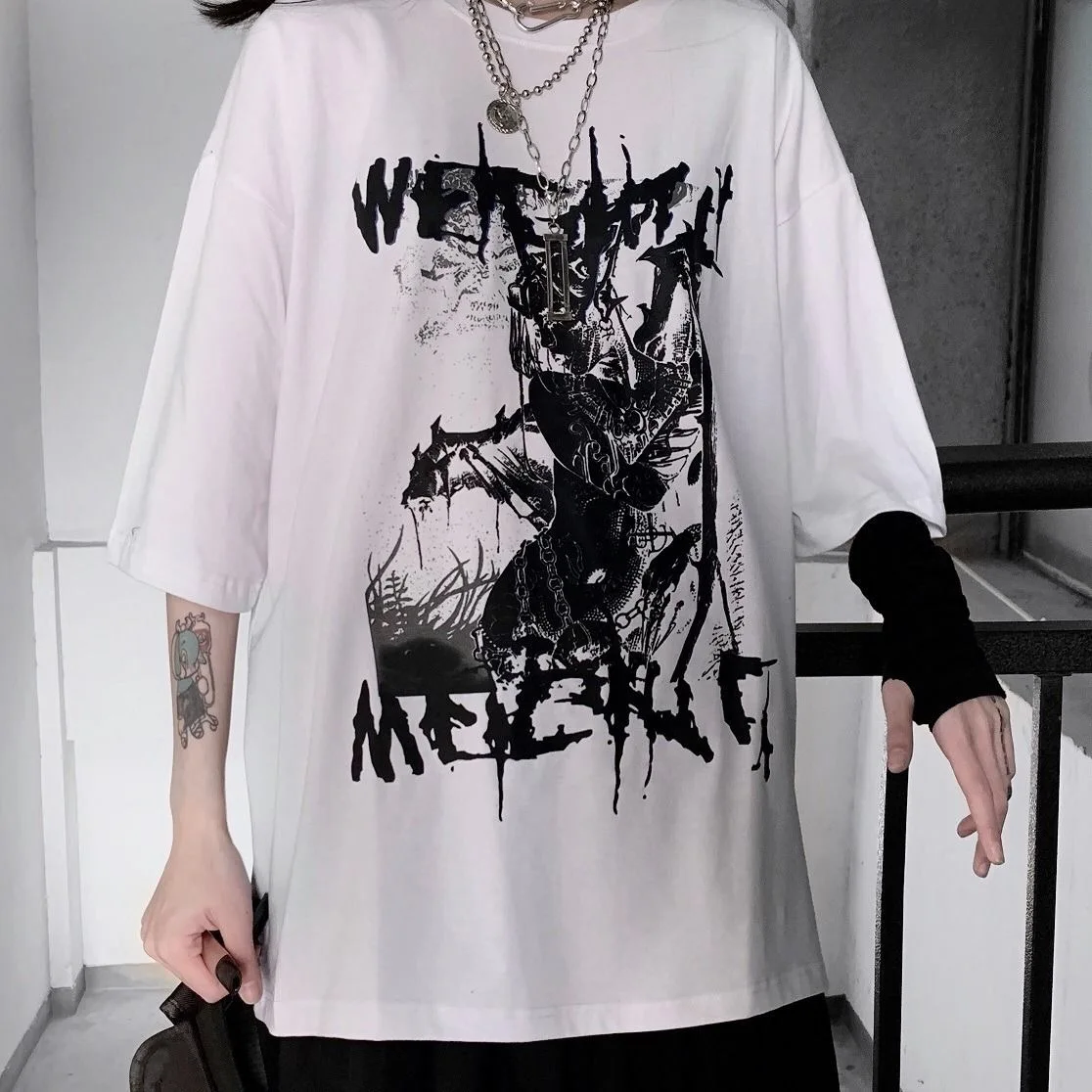 Anime Goth Women T Shirt Punk Harajuku Oversized T Shirt Female Top Dark Aesthetic Fairy Grunge Alt Short Sleeve Woman Clothes