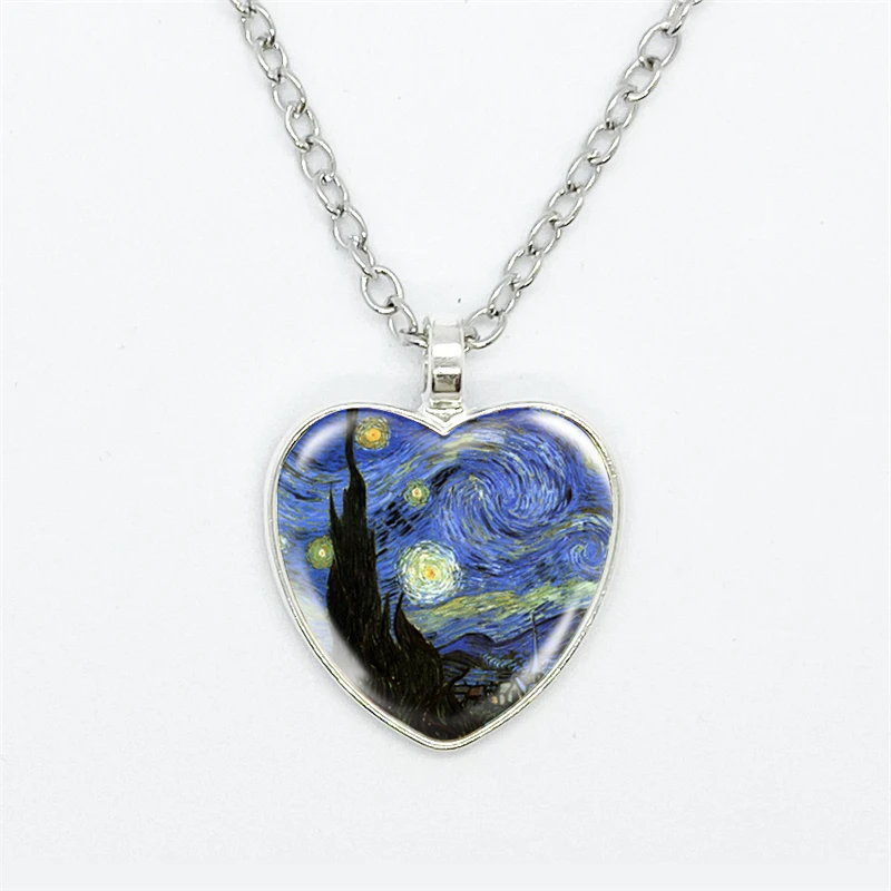 

Fashion Van Gogh Art Starry Night Sunflower Necklace Glass Cabochon Painting Heart Pendant Printed Photo Necklaces