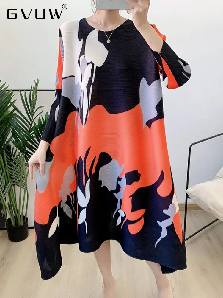

GVUW Printed Pleated Dress For Women Contrast Color Round Neck Long Sleeve Loose Elegant Dresses 2023 New Spring 17G0899
