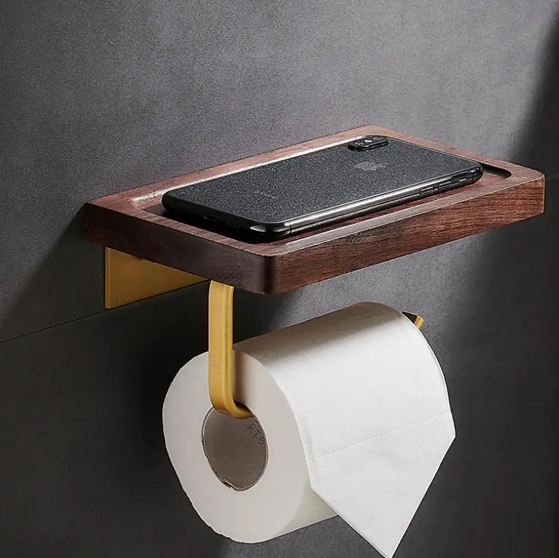 bathroom accessories paper holder gold and walnut wood paper towel holder tissue rack toilet paper holder phone holder free global shipping