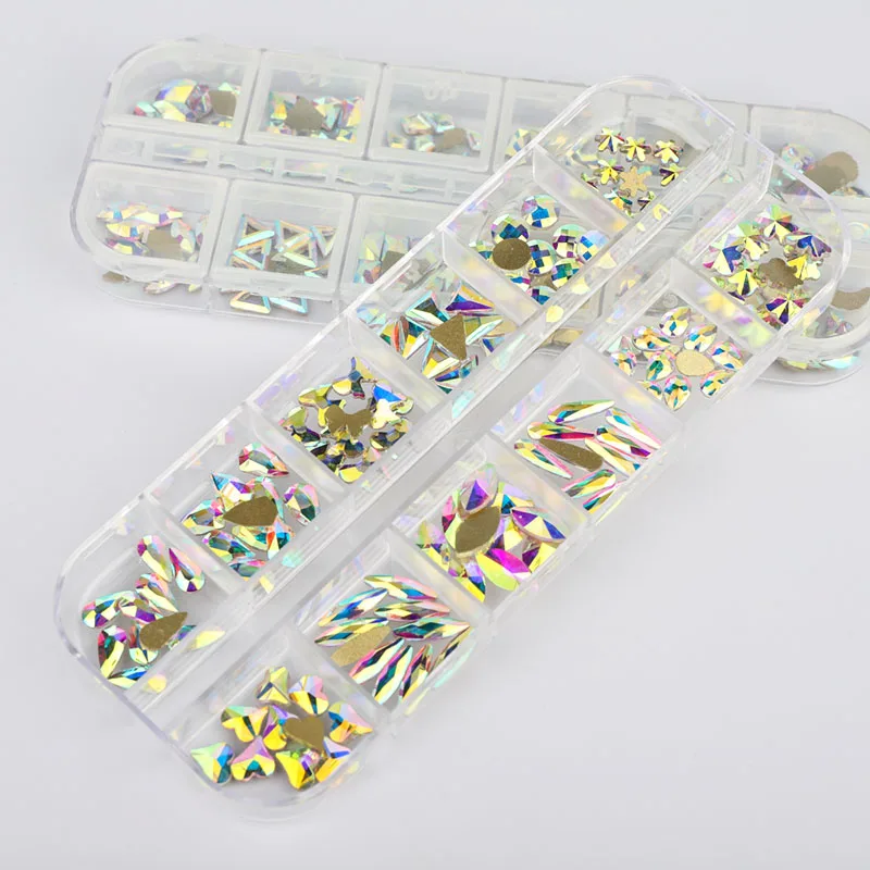 12Grids Box Multi Size Flatback Glass Rhinestones Non Hotfix Glitter Crystal Strass Nail Gems Nail Art Accessories for nail deco