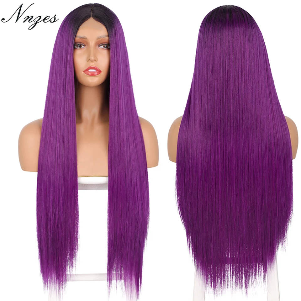 

NNZES синтетический парик длинные прямые фиолетовые парики для женщин естественный вид средняя часть ежедневного использования/косплей парик для черных женщин