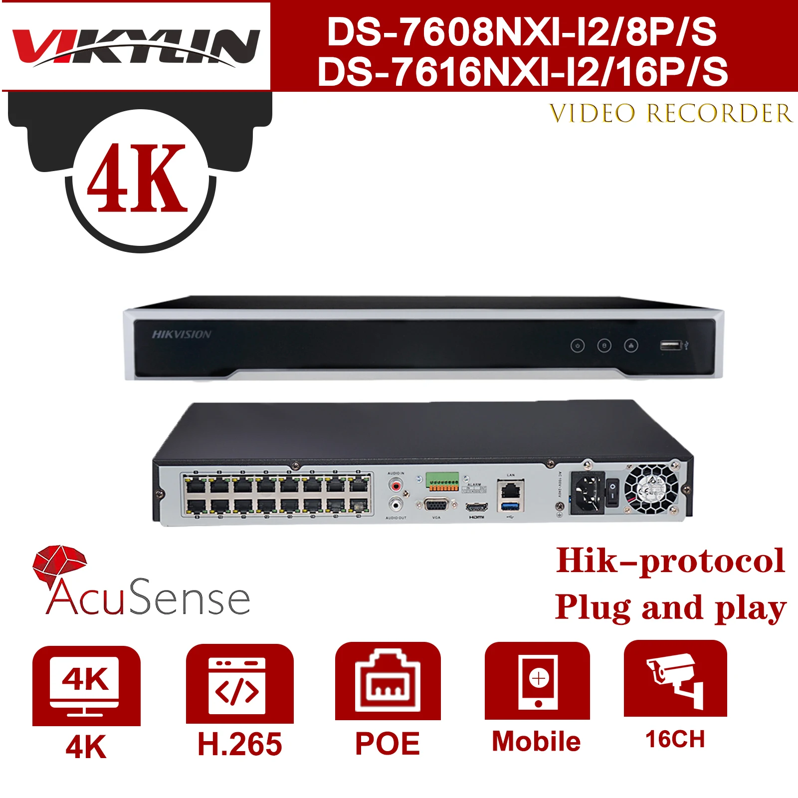 

Видеорегистратор Vikylin AcuSense 4K NVR DS-7608NXI-I2/8 P/S DS-7616NXI-I2/16 P/S 8/16CH 2 SATA для POE IP Camera CCTV видеорегистратор H.265 +