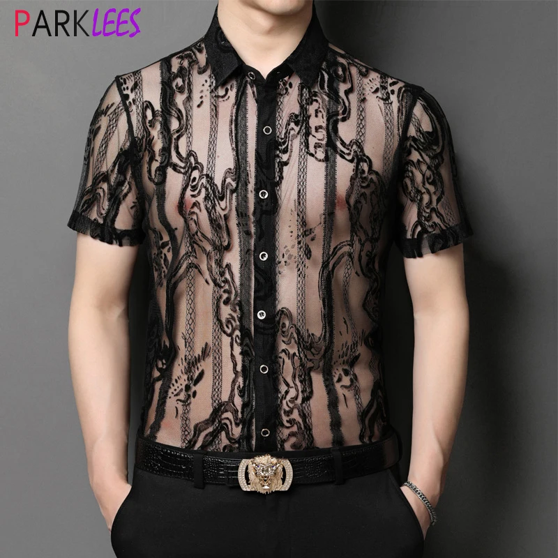 

Mens Transparent Clubwear Dress Shirts Slim Fit Long Sleeve Sexy Lace Shirt Men See Thorugh Party Event Prom Transparent Chemise