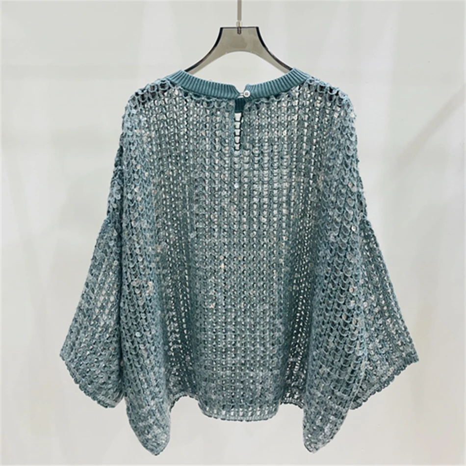 

Женский трикотажный свитер, зеленый вязаный джемпер с рукавом летучая мышь, круглым вырезом и блестками, с пряжкой сзади, 2023