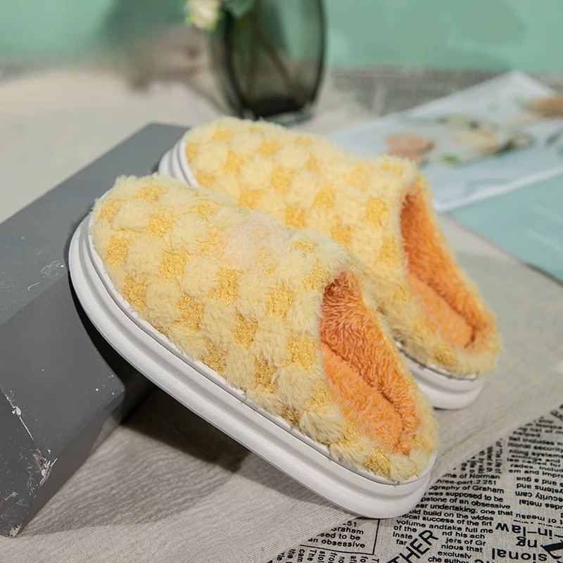 

Indoor Soft Furry Winter Home Shoes Women Fashion Yellow Comfortable Plush Warm Men's Slippers House Fluffy Half Shoes For Men