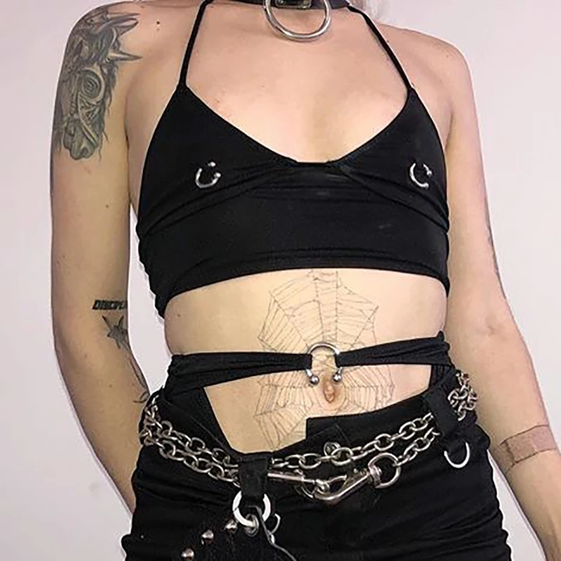 

Сексуальные женские майки на бретелях Y2k в стиле панк, облегающие, со шнуровкой, укороченный топ Харадзюку E-girl