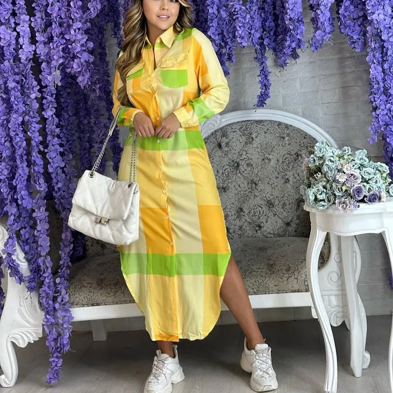 

Женское длинное платье, Осеннее винтажное платье-рубашка макси с длинным рукавом, повседневное клетчатое платье, 2023