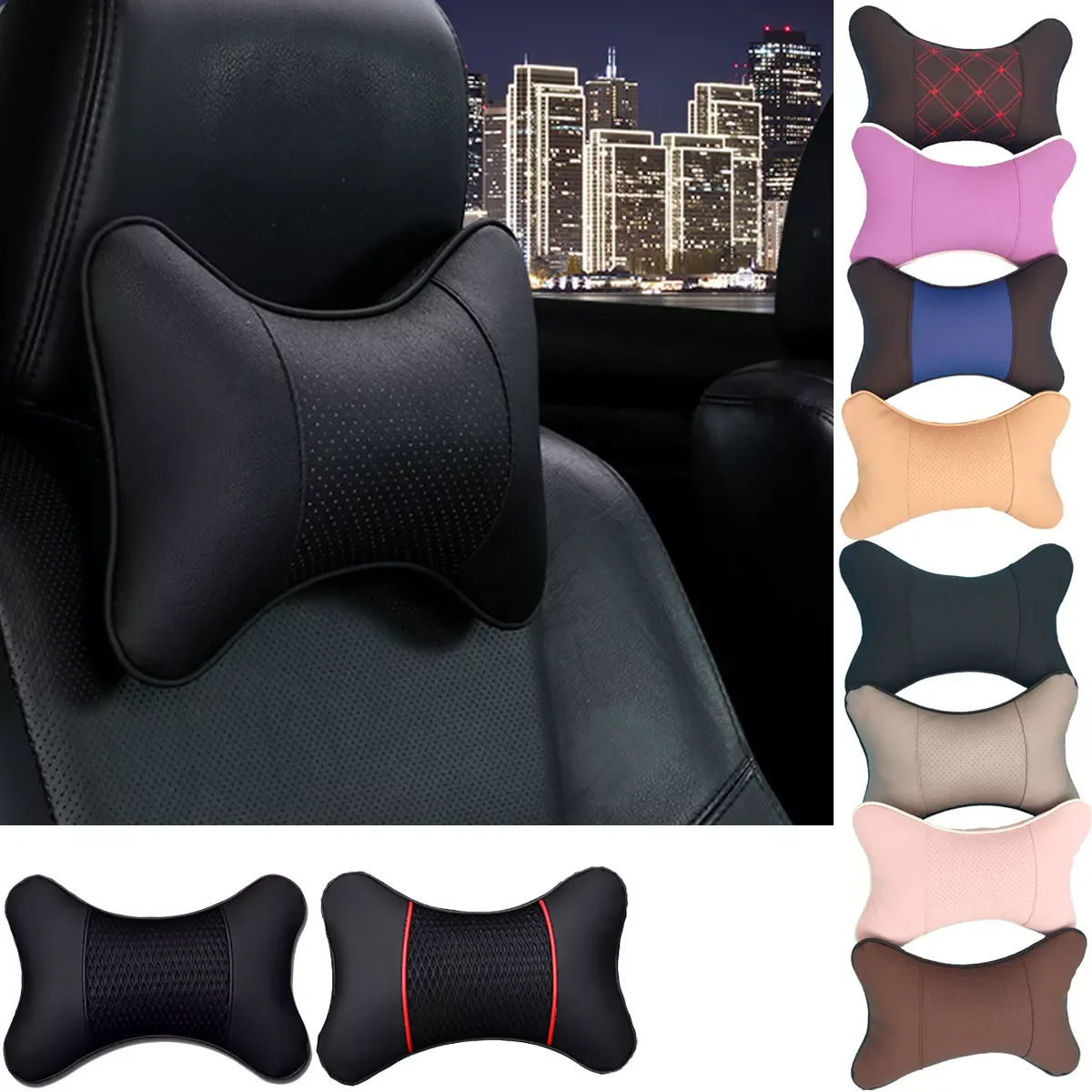 

Neck Pillows Both Side Pu Leather 1pcs Pack Headrest For Head Pain Relief Filled Fiber Universal Car Pillow