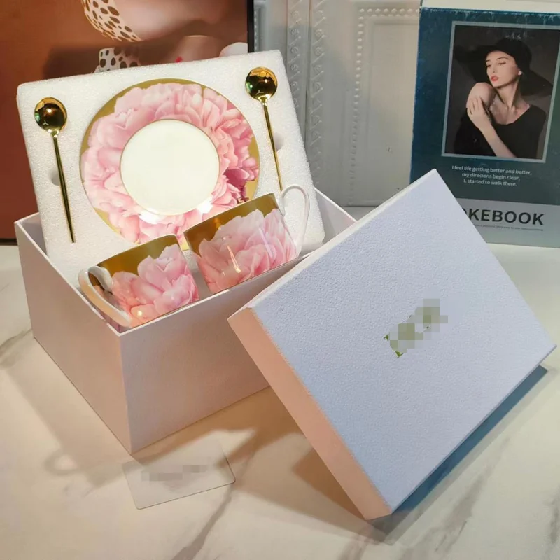 

Printed bone china coffee set cup European handmade set gift box 2 cups, 2 plates mug coffee mug